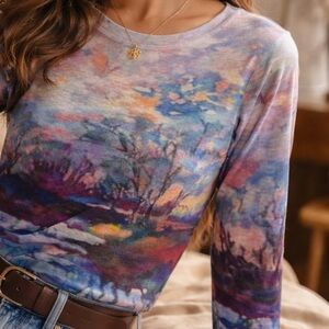 FDJ Sunset Print Top Medium Boatneck 3/4 Sleeve Artsy Abstract